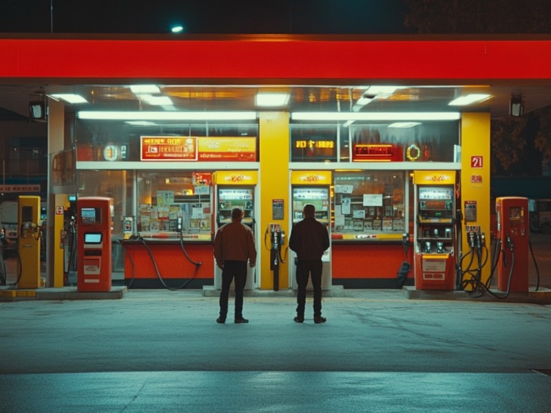 Zwei Männer bei einer Tankstelle. (KI-generiert)