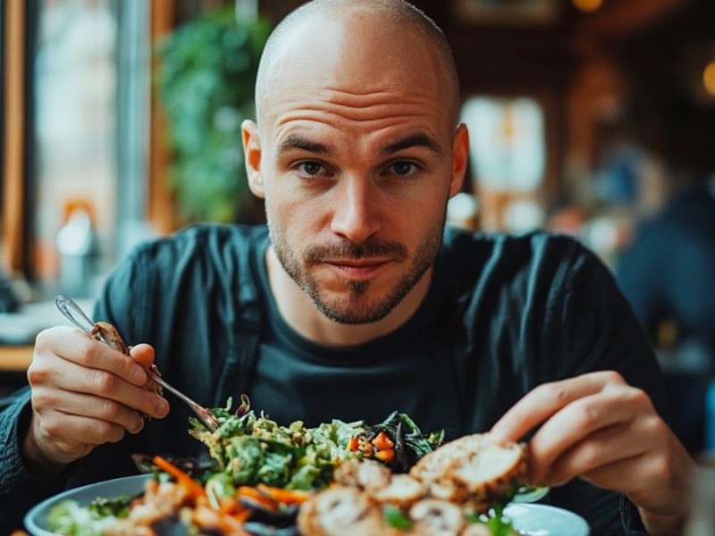 Ein dünner Mann mit Glatze, der sich vegan ernährt. (KI-generiert)