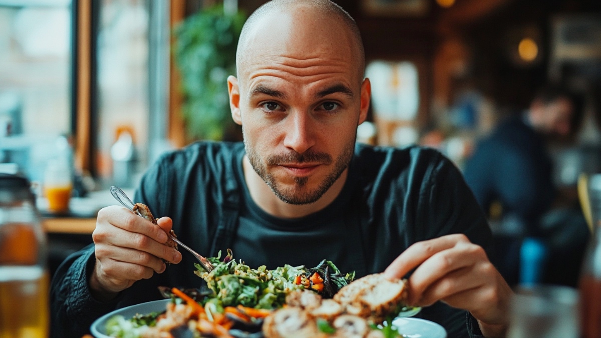 Ein dünner Mann mit Glatze, der sich vegan ernährt. (KI-generiert)