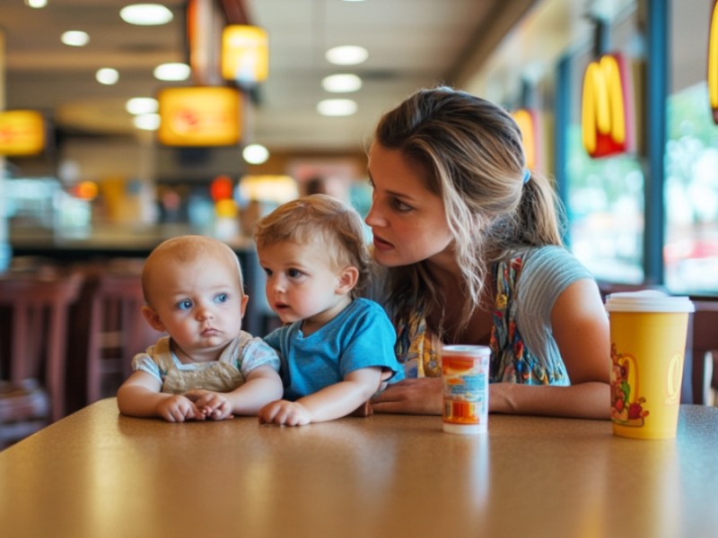 Eine Mutter mit ihren Kindern in einem McDonalds-Restaurant.