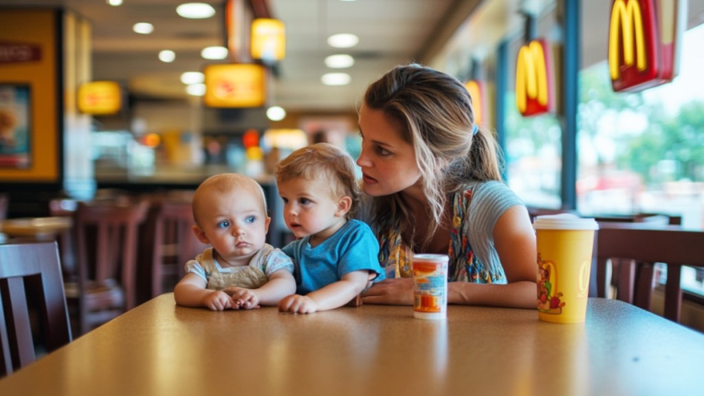 Eine Mutter mit ihren Kindern in einem McDonalds-Restaurant.