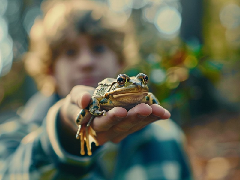 Ein junger Mann hält einen Frosch auf der Hand.