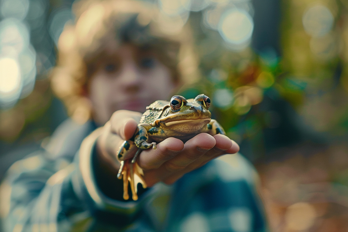 Ein junger Mann hält einen Frosch auf der Hand.