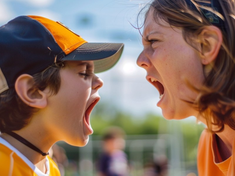 Ein Foto einer Mutter, die ihren Sohn beim Schulsport anschreit.