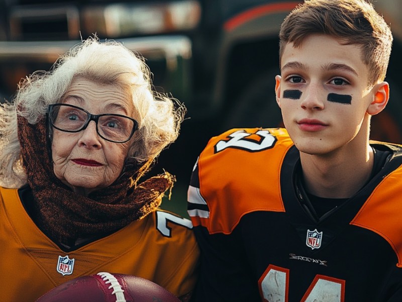 Eine Oma und ihr Enkel im Football-Trikot. (KI-generiert)