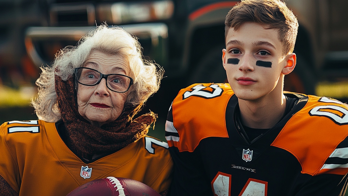 Eine Oma und ihr Enkel im Football-Trikot. (KI-generiert)