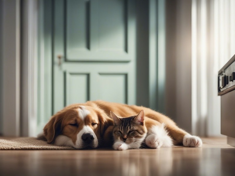 Ein Hund und eine Katze kuscheln und schlafen gemeinsam in einem Wohnzimmer auf dem Boden.