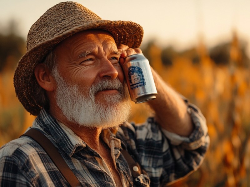 Ein Landwirt mit Bierdose am Ohr. (KI-generiert)