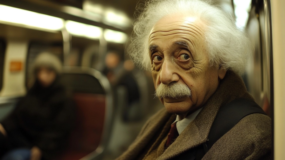 Albert Einstein in der U-Bahn.