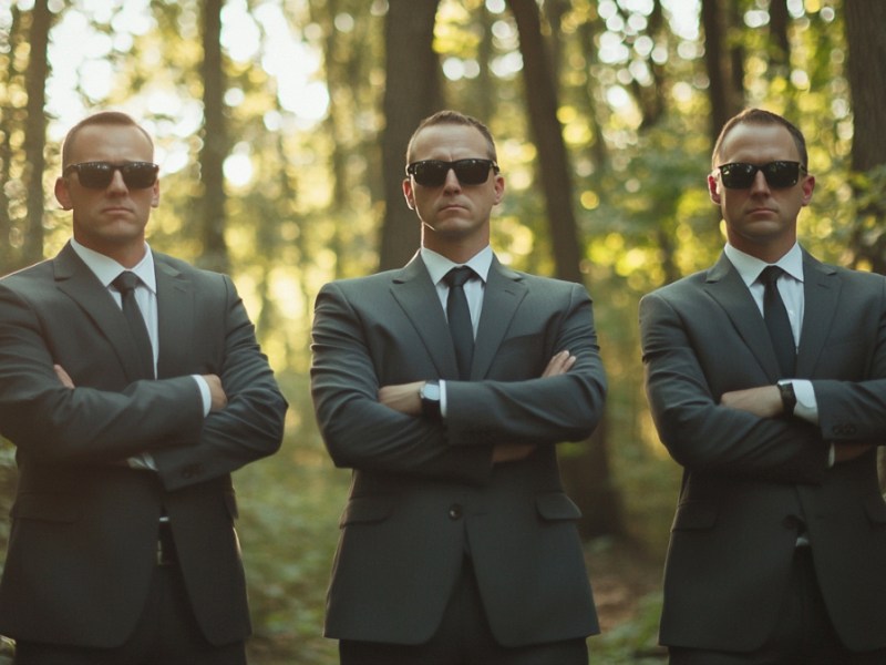 Drei Männer in schwarzen Anzügen und mit Sonnenbrille stehen in einem Wald.