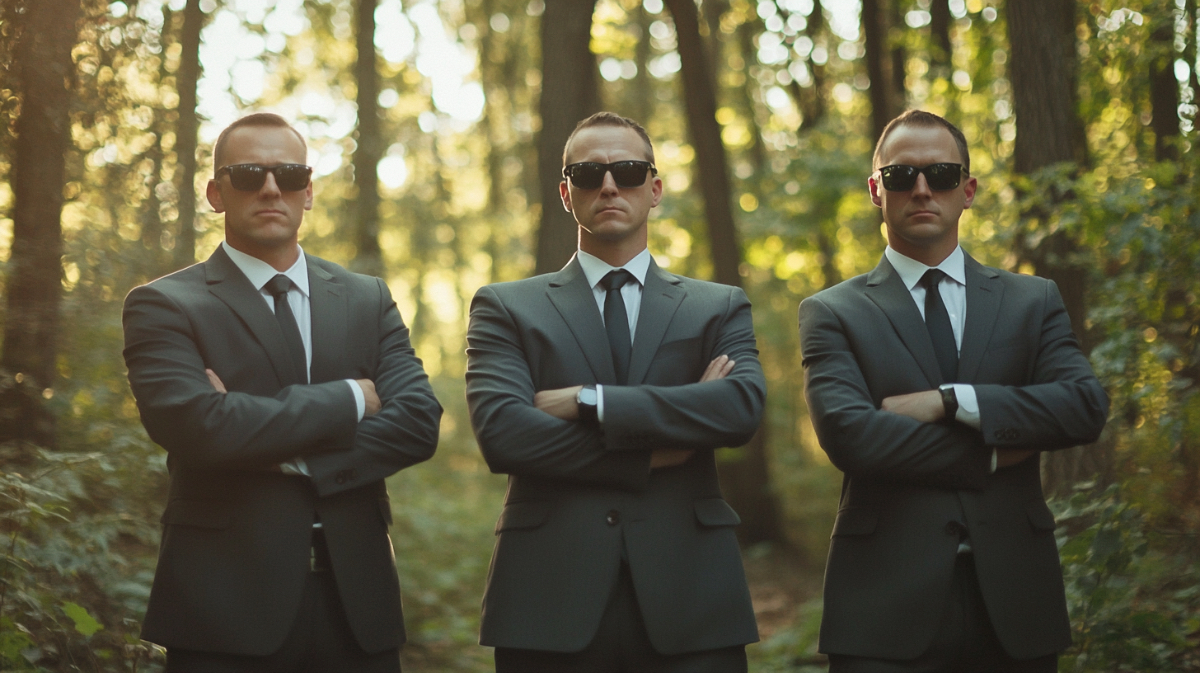 Drei Männer in schwarzen Anzügen und mit Sonnenbrille stehen in einem Wald.