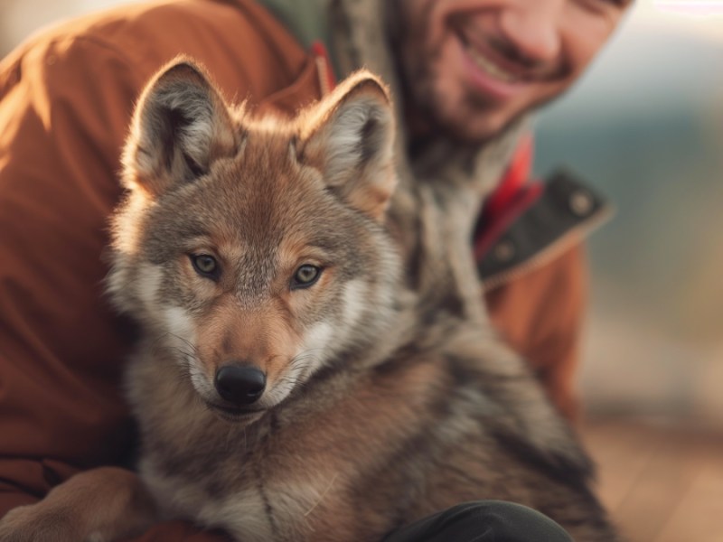 Ein Mann und ein Wolf.