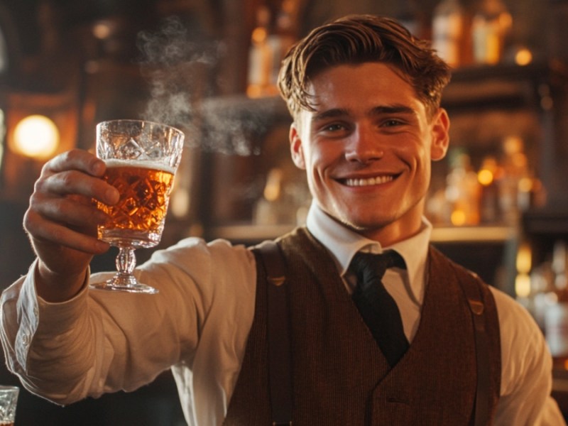 Ein Mann mit einem Glas in der Hand. (KI-generiert)