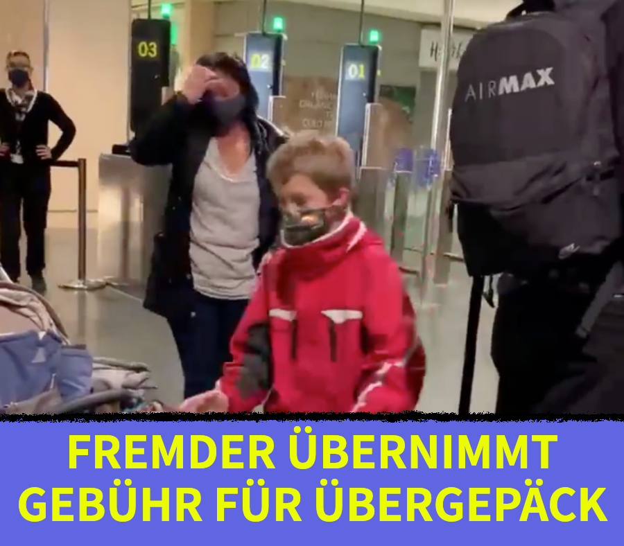 Fremder hilft Mama Stephanie am Ryanair-Schalter mit Gepäck