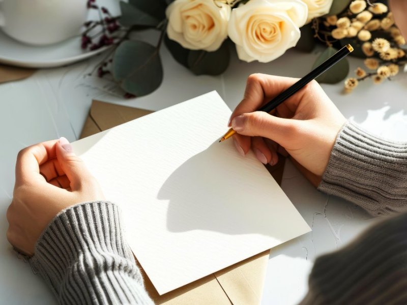 Eine junge Frau schreibt einen Brief mit einem Füller auf elegantes Papier.