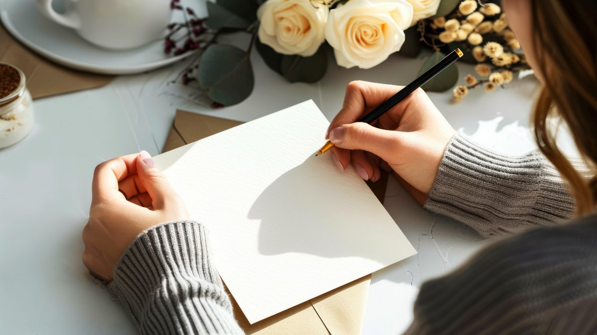 Eine junge Frau schreibt einen Brief mit einem Füller auf elegantes Papier.