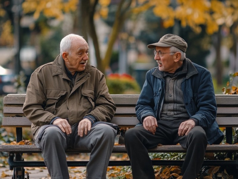 Zwei alte Männer sitzen auf einer Parkbank.