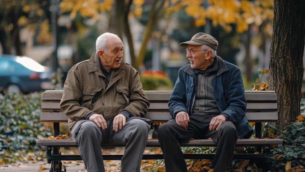 Zwei alte Männer sitzen auf einer Parkbank.