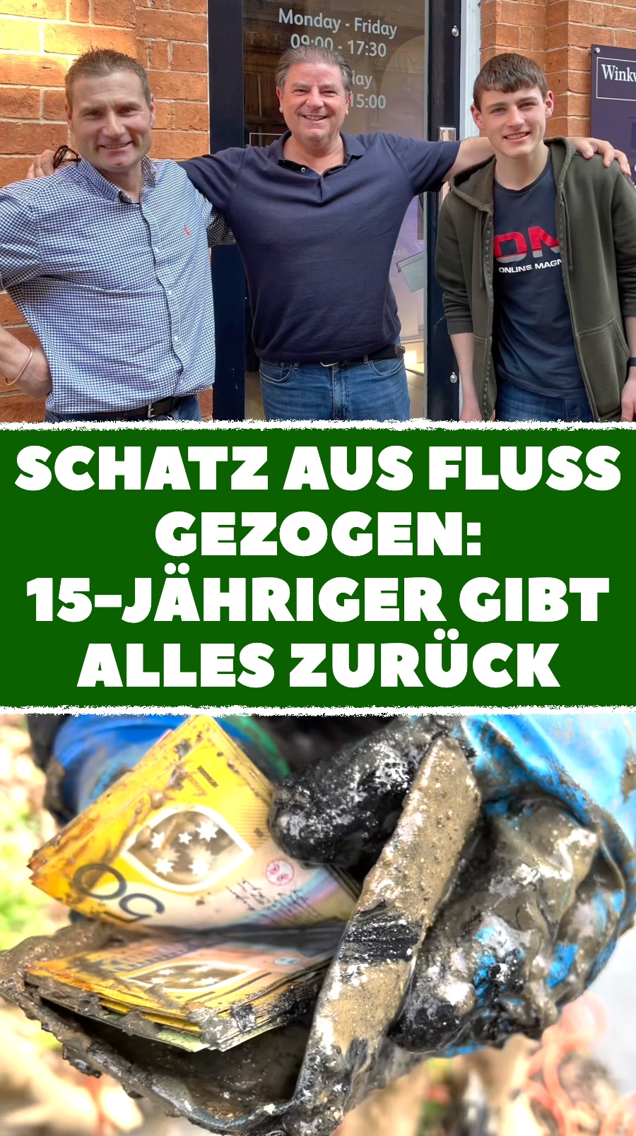 Vater und Sohn ziehen Safe aus Fluss und öffnen ihn