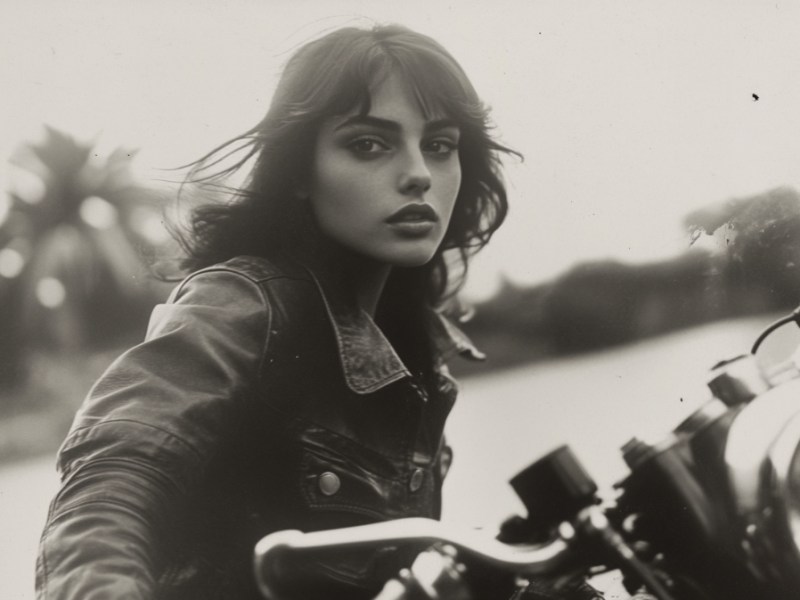 Ein Schwarz-weiß-Foto einer jungen Frau mit Lederjacke auf einem Motorrad, mit einer Polaroid-Kamera aufgenommen.