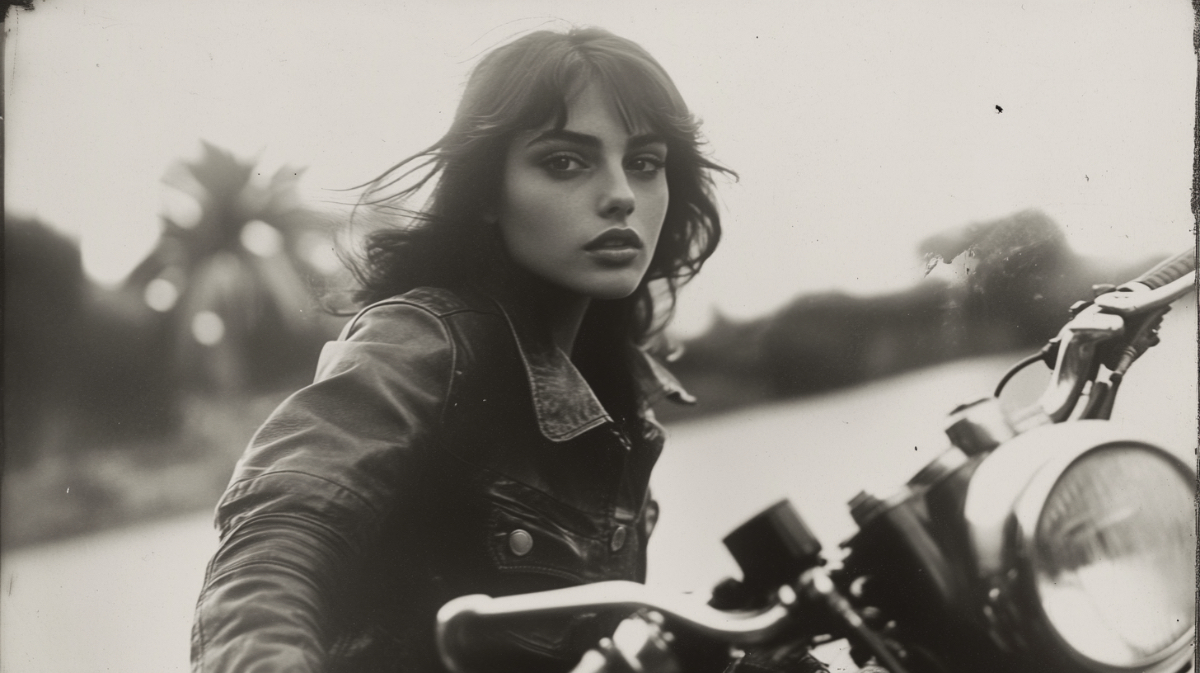 Ein Schwarz-weiß-Foto einer jungen Frau mit Lederjacke auf einem Motorrad, mit einer Polaroid-Kamera aufgenommen.