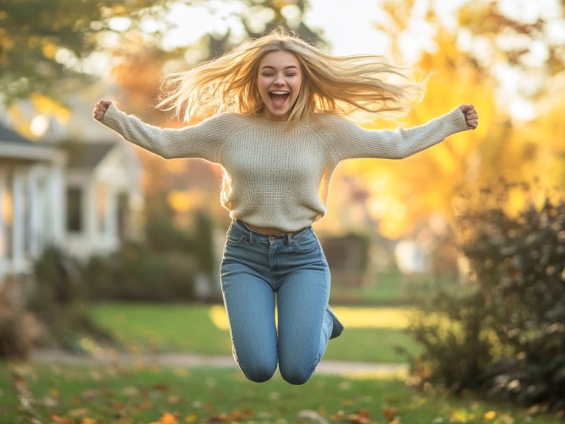 Eine junge Frau springt vor Freude im Garten. (KI-generiertes Bild)